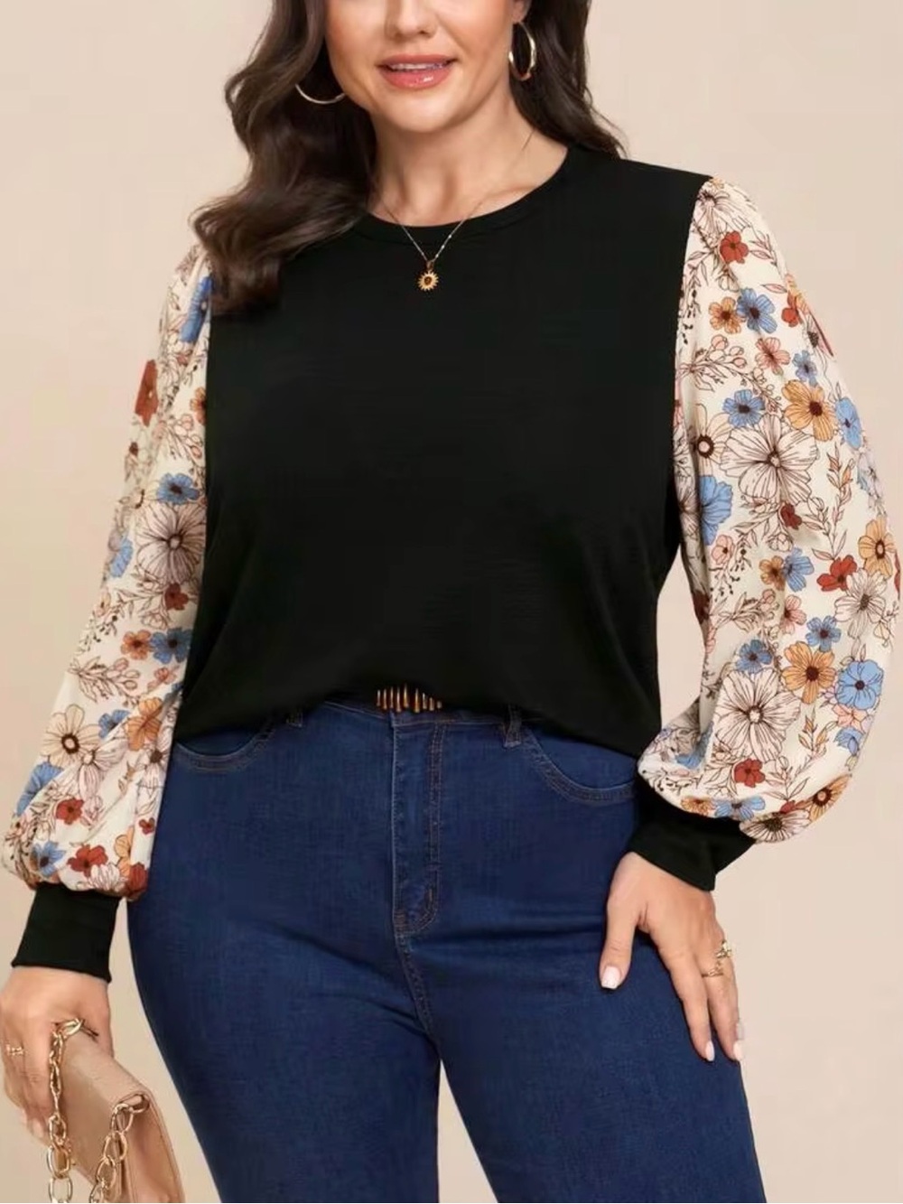SHEIN Black Top with Floral Puff Sleeves